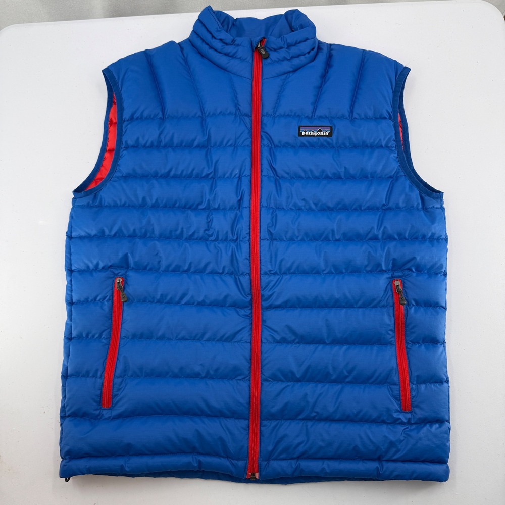 Patagonia Goose Down Sweater Vest Mens M Blue Red Full Zip Puffer Jacket 84621
